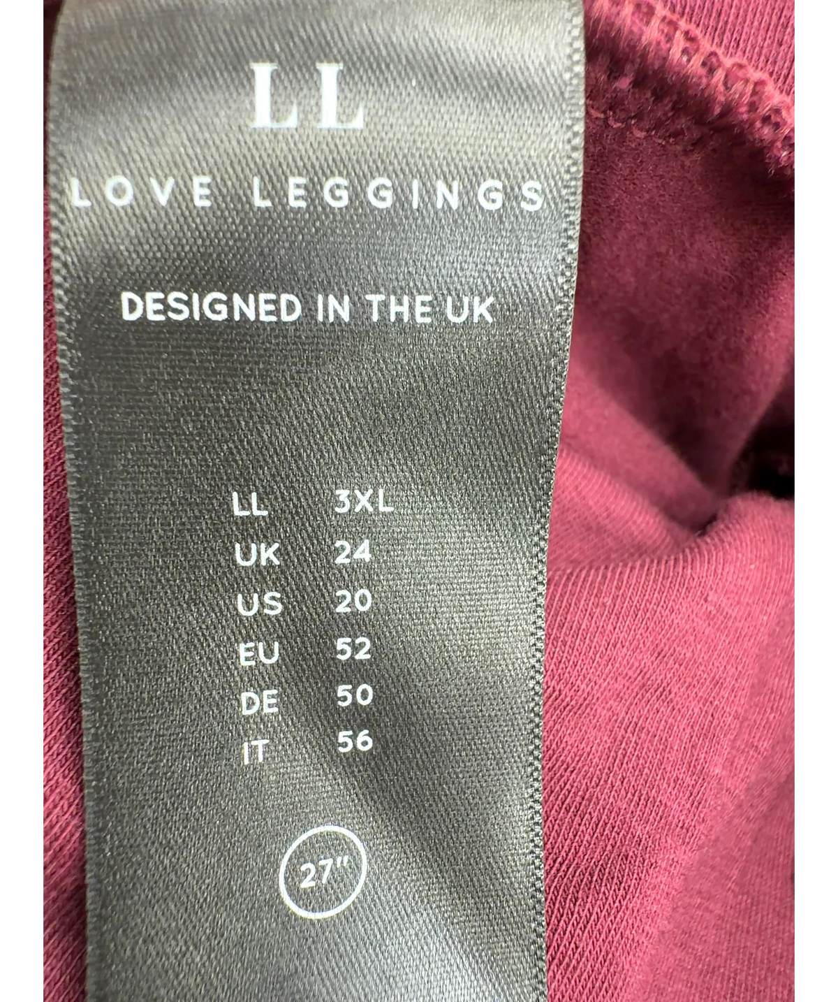 Love Leggings burgundy Colour, size UK 24 — care label