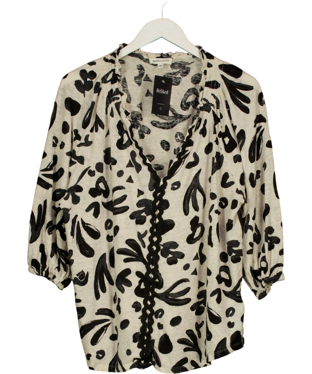 Monsoon Cream Rosa Print Linen Top / Abstract Print Linen Blouse, size UK XL — front
