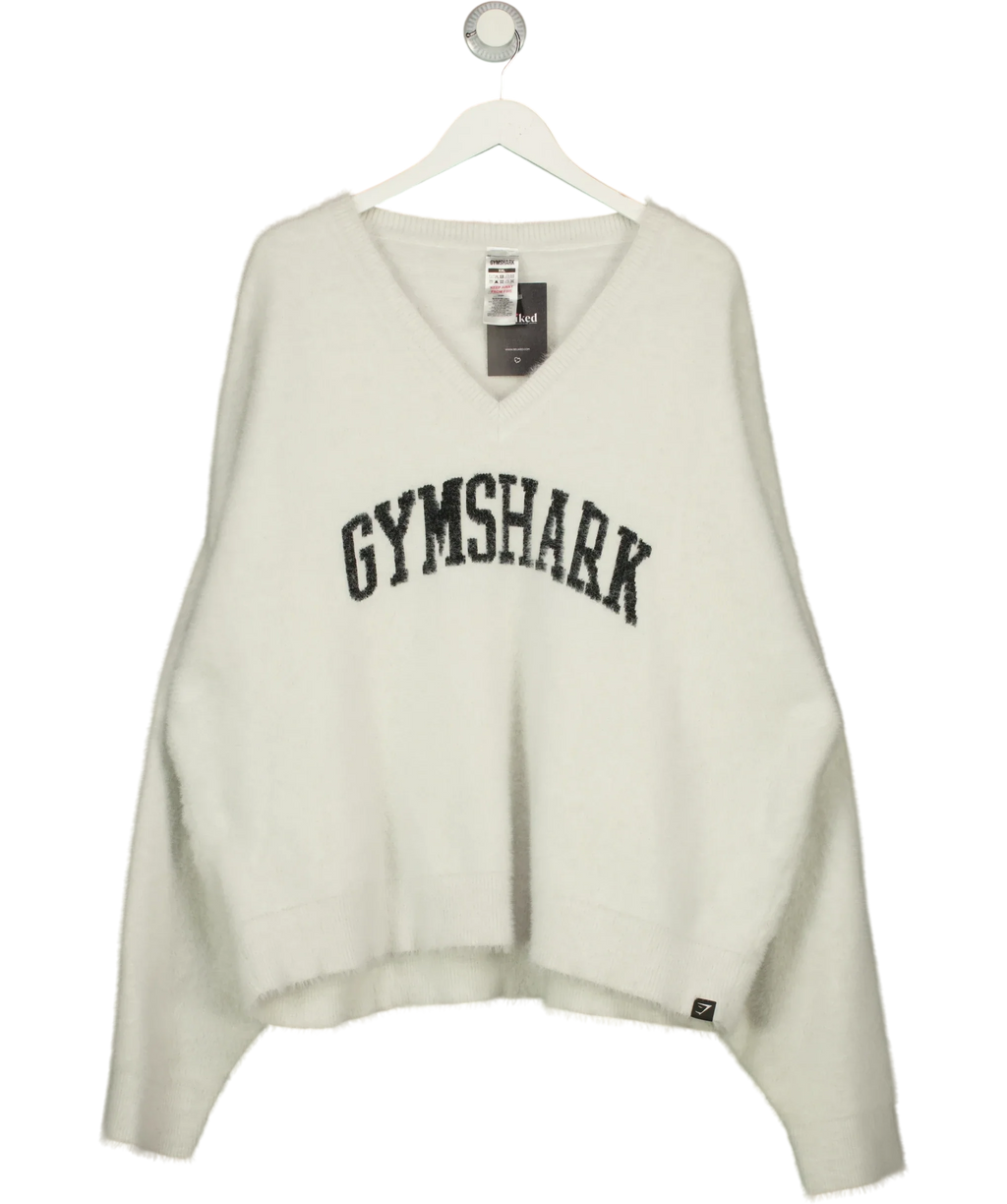 GYMSHARK Grey fuzzy knit V-neck sweater, size UK XXL — front