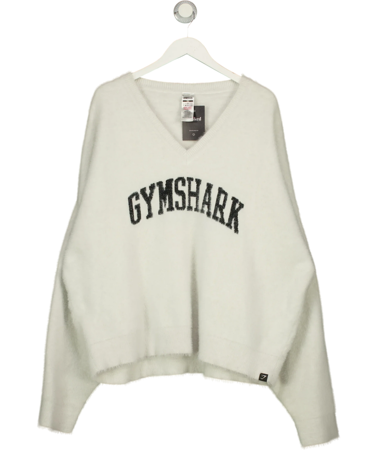 GYMSHARK Grey fuzzy knit V-neck sweater, size UK XXL — front