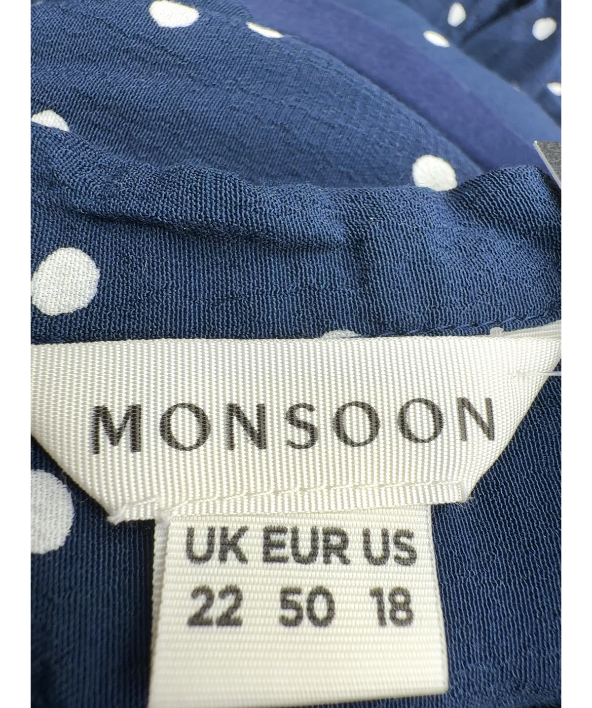 Monsoon navy polka-dot long-sleeved shirt, size UK 22 — detail