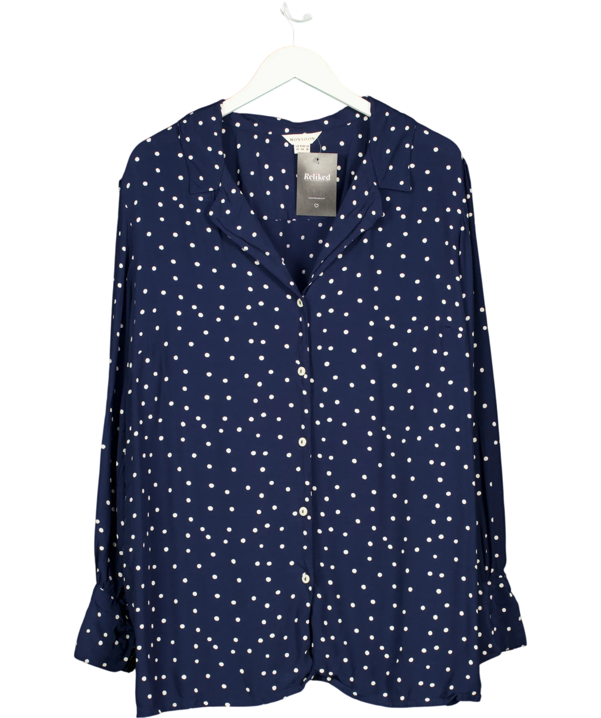 Monsoon navy polka-dot long-sleeved shirt, size UK 22 — front