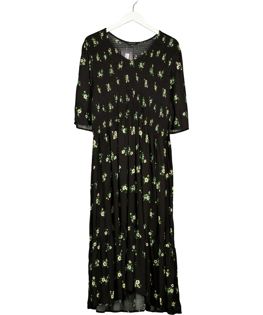 Peacocks Black Womens Black Floral Shirred / Smocked Waist Midi Dress, size UK 24 — front