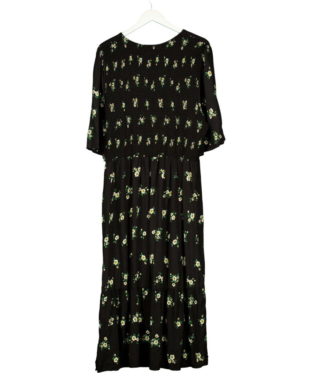 Peacocks Black Womens Black Floral Shirred / Smocked Waist Midi Dress, size UK 24 — back