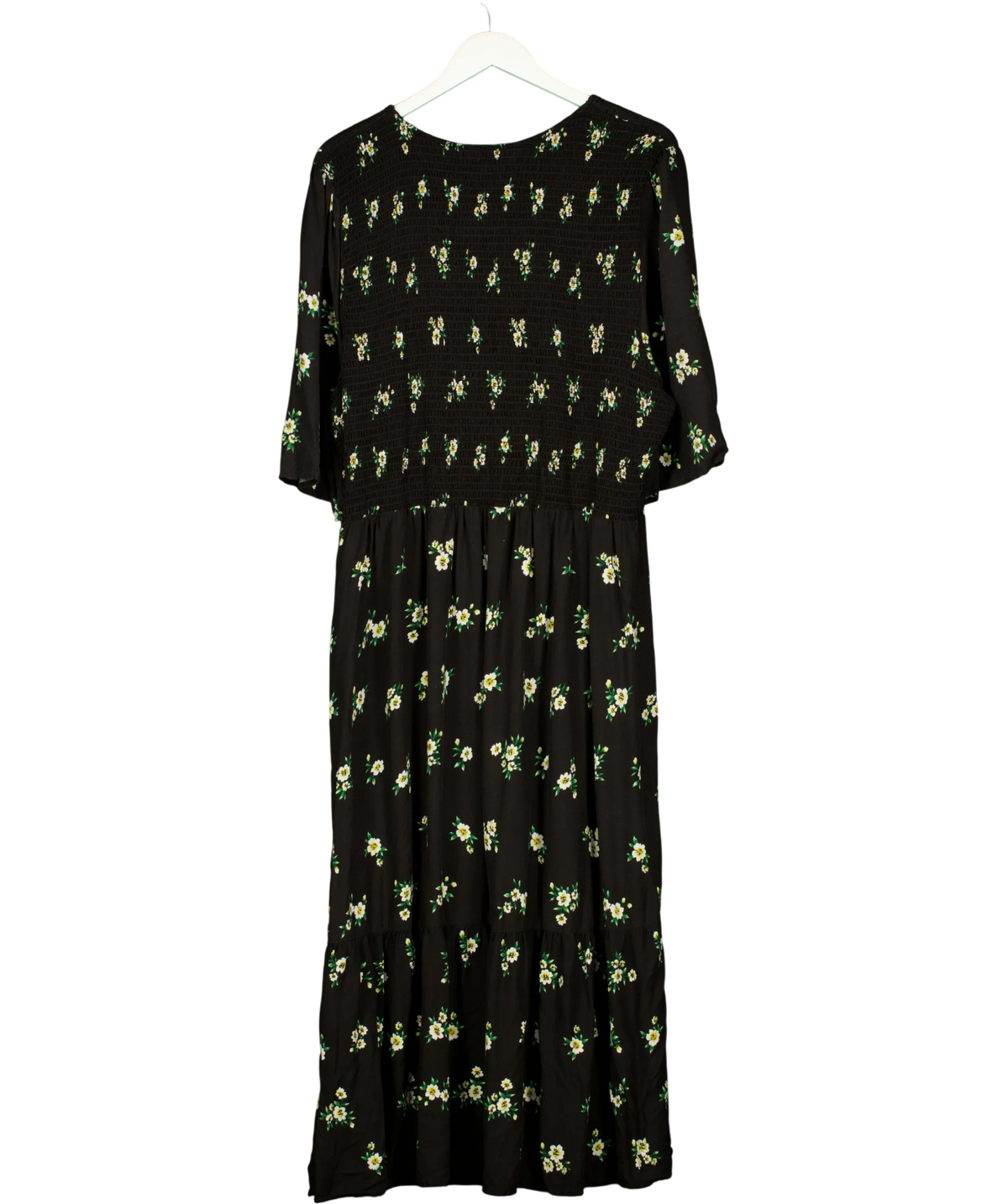 Peacocks Black Womens Black Floral Shirred / Smocked Waist Midi Dress, size UK 24 — back