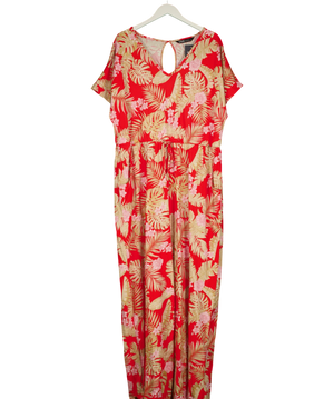 Yours Tropical Print Cotton Jumpsuit Red UK 22