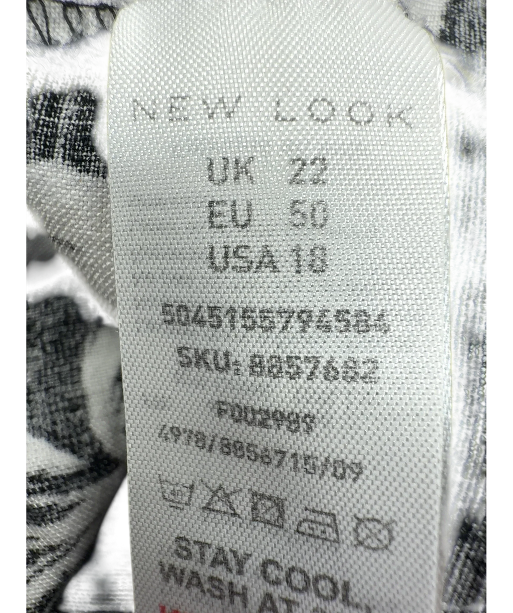 New Look Black black and white palm-print smocked midi dress, size UK 22 — fabric detail