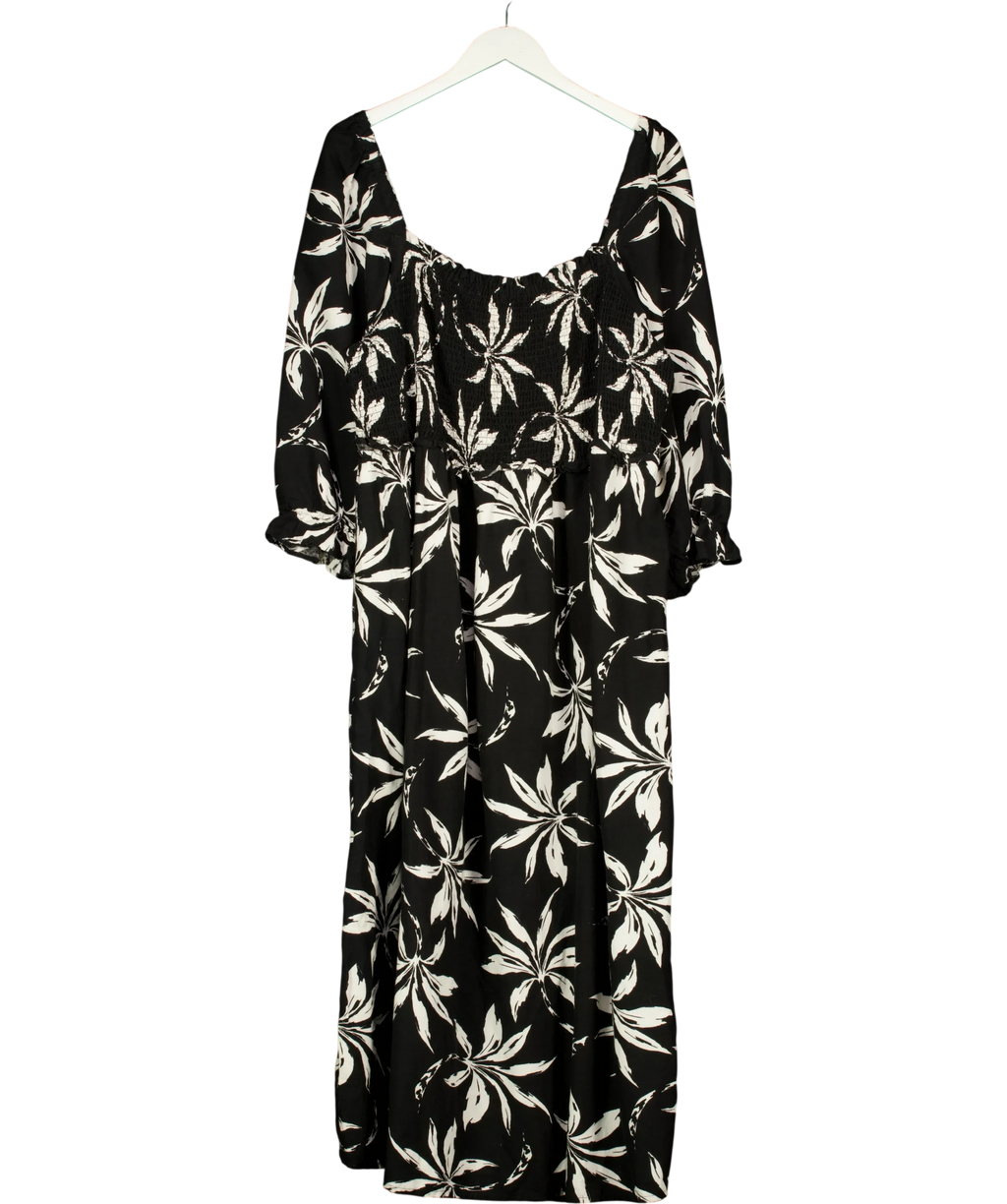 New Look Black black and white palm-print smocked midi dress, size UK 22 — front