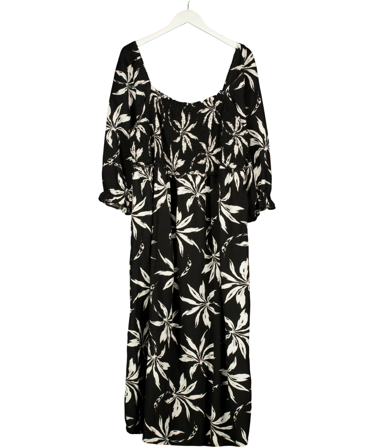 New Look Black black and white palm-print smocked midi dress, size UK 22 — front