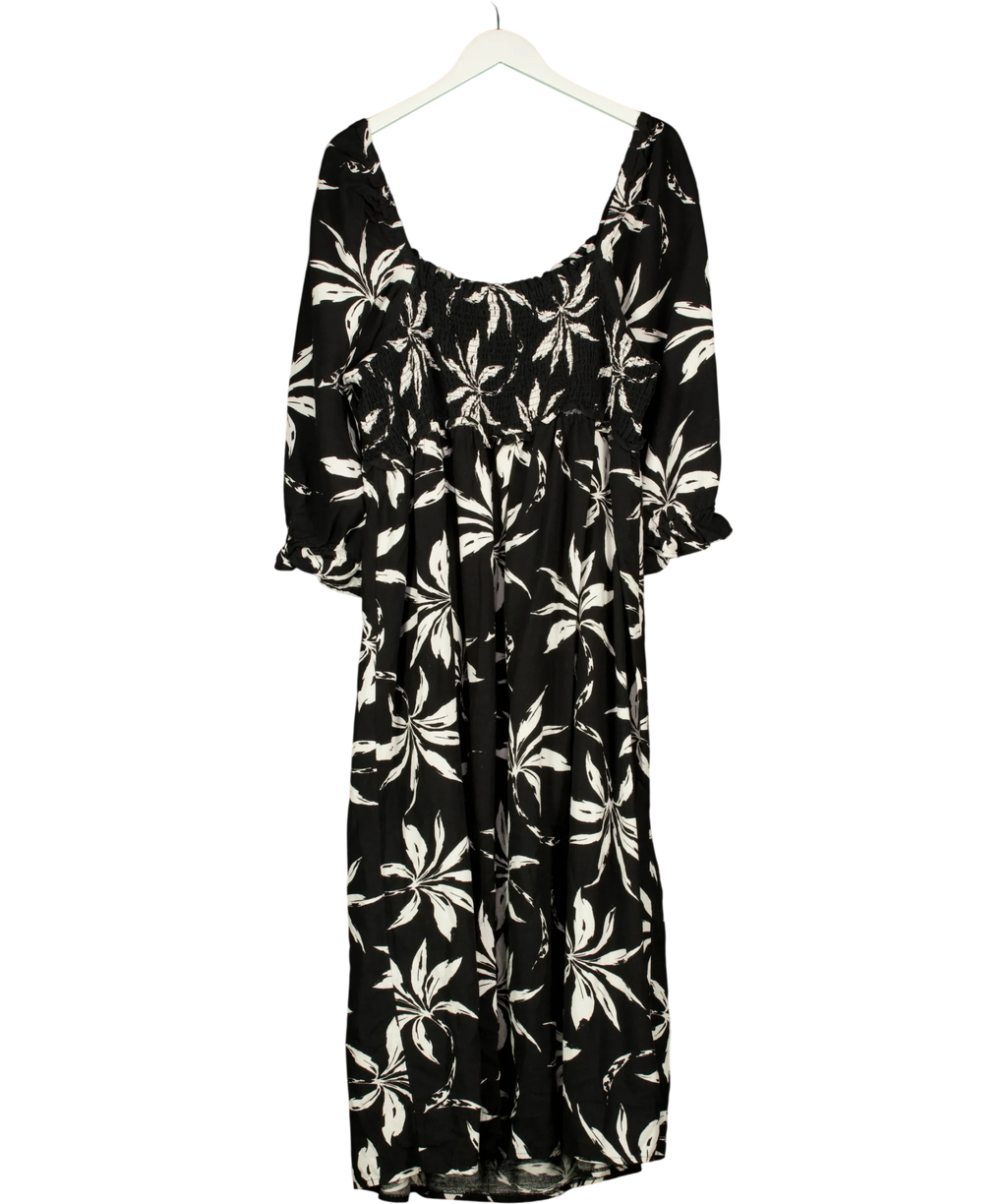 New Look Black black and white palm-print smocked midi dress, size UK 22 — back