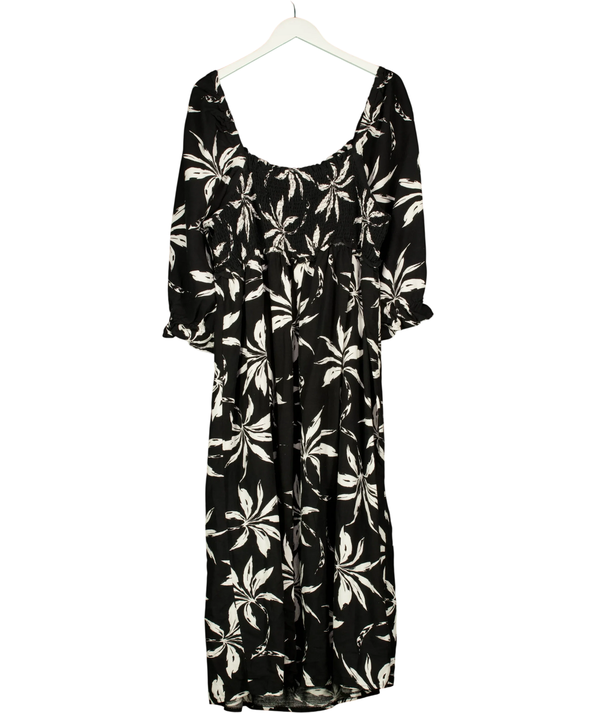New Look Black black and white palm-print smocked midi dress, size UK 22 — back