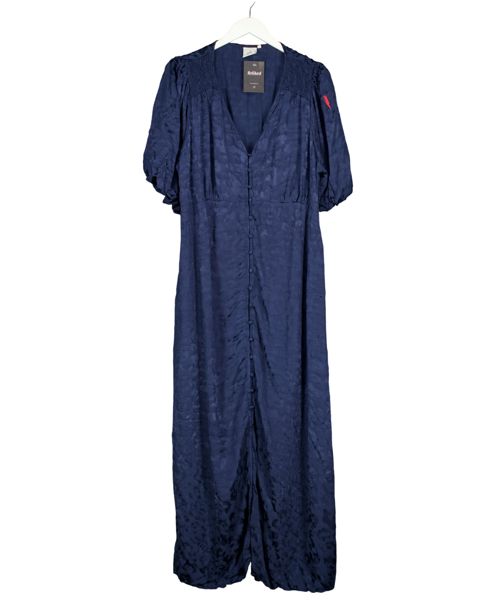 SCAMP & DUDE navy Blue Animal Jacquard Sweetheart Puff Sleeve Midi Tea Dress, size UK 22 — front