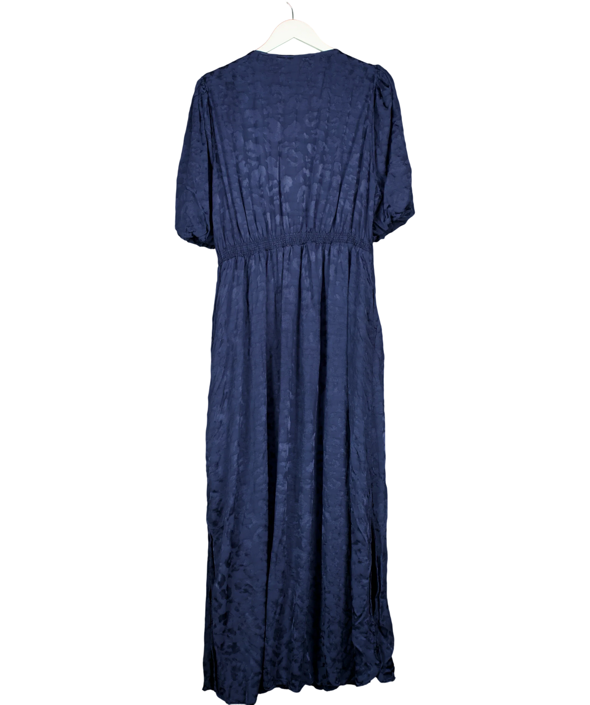 SCAMP & DUDE navy Blue Animal Jacquard Sweetheart Puff Sleeve Midi Tea Dress, size UK 22 — back