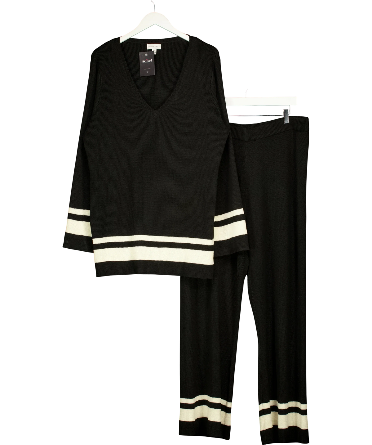PRETTY LAVISH Black Cassie V Neck Contrast Knit Jumper and Cassie Contrast Knit Trousers, size UK XL — front