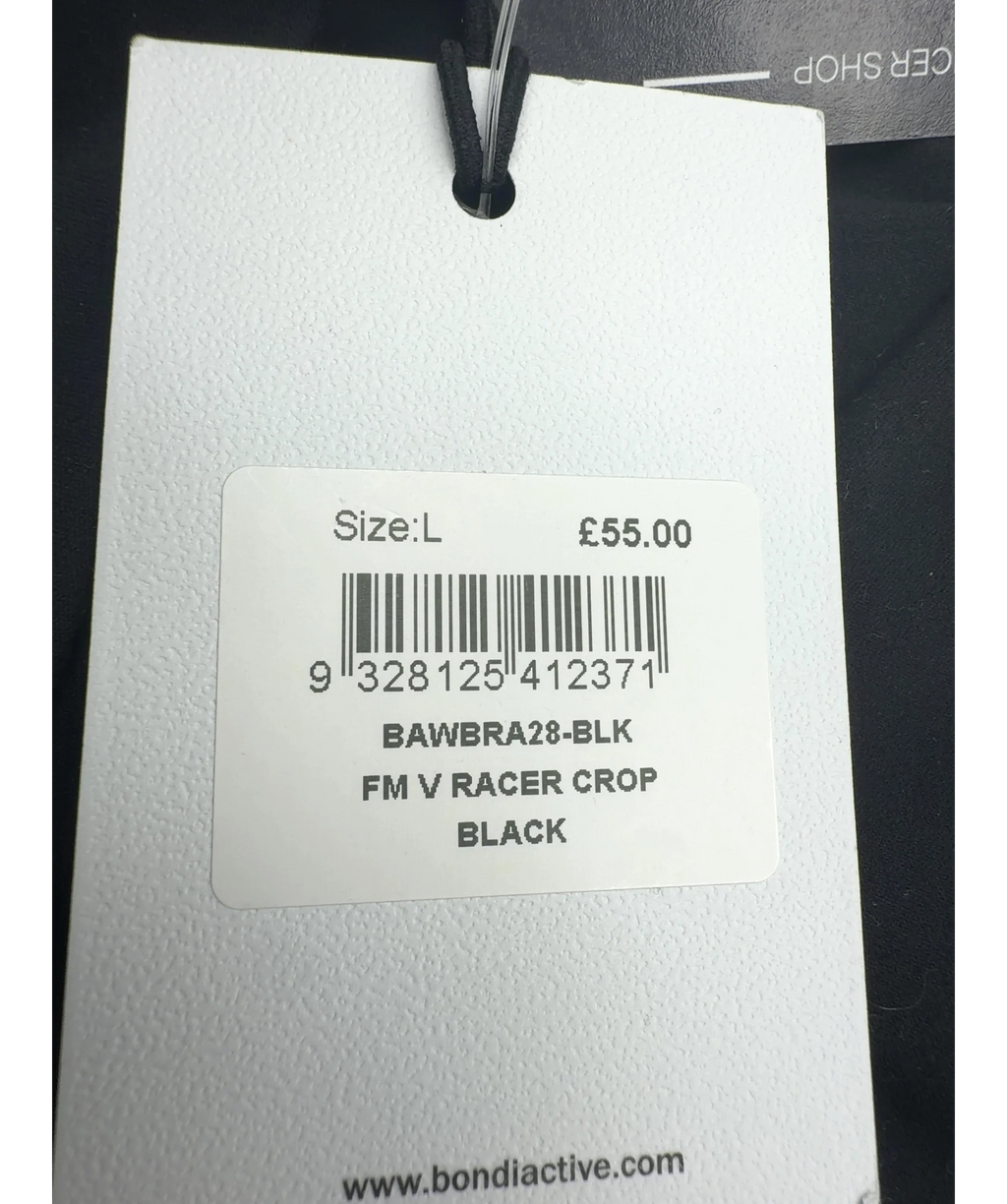 BONDI ACTIVE Black Forma V Racer Crop, size UK L — care label