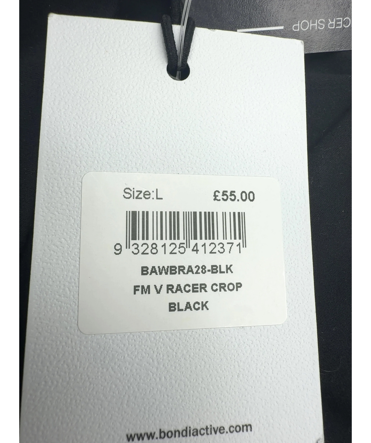 BONDI ACTIVE Black Forma V Racer Crop, size UK L — care label