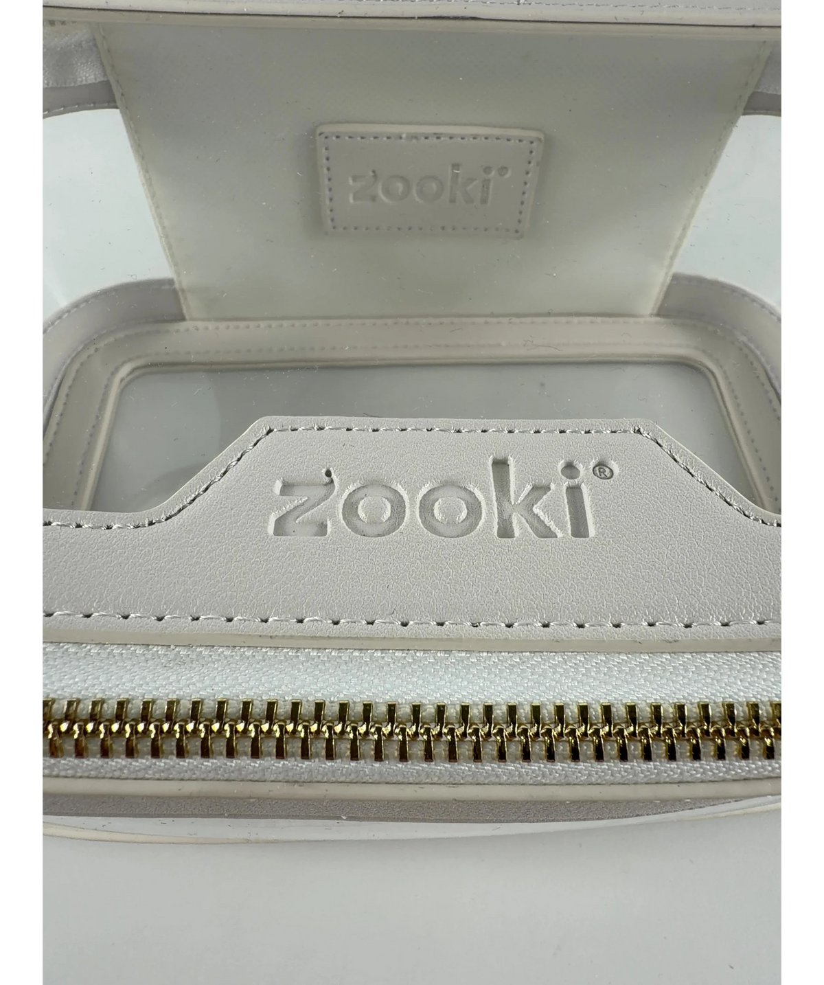 Zooki white clear travel cosmetic bag — care label