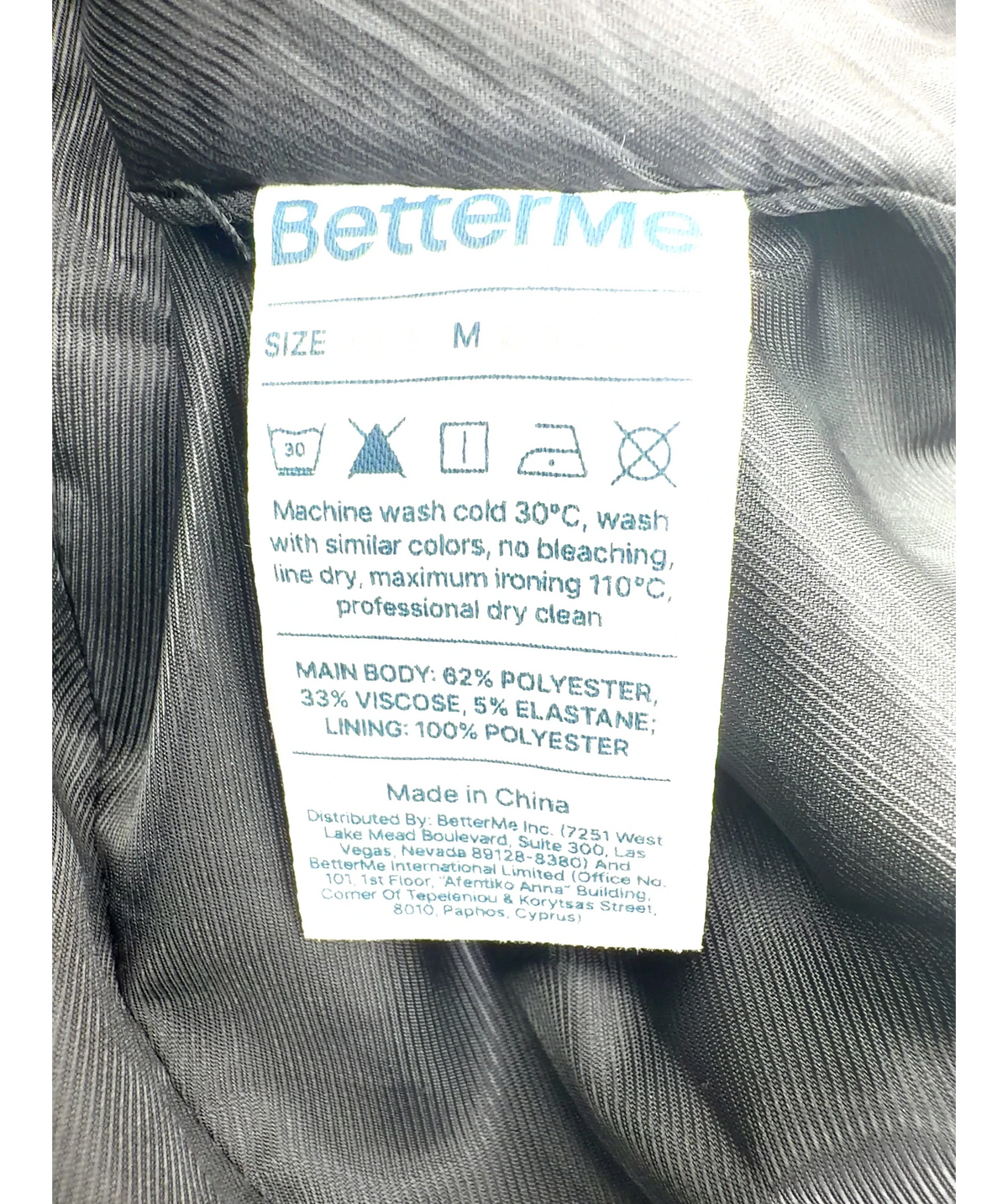 BetterMe Black Colour, size UK M — label