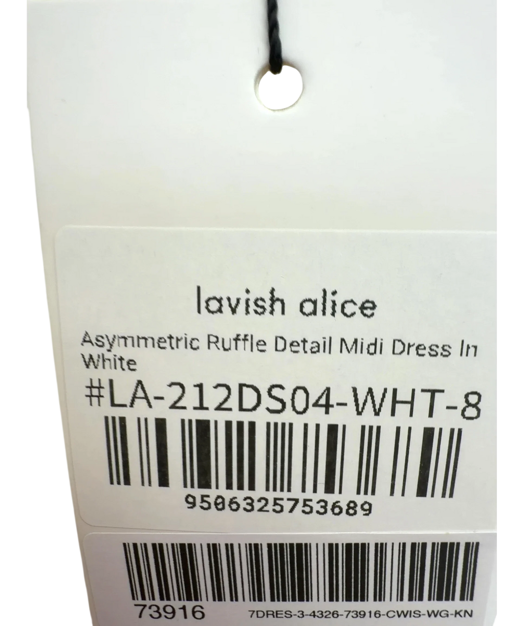 Lavish Alice White Asymmetric Ruffle Detail Midi Dress, size UK 8 — fabric detail