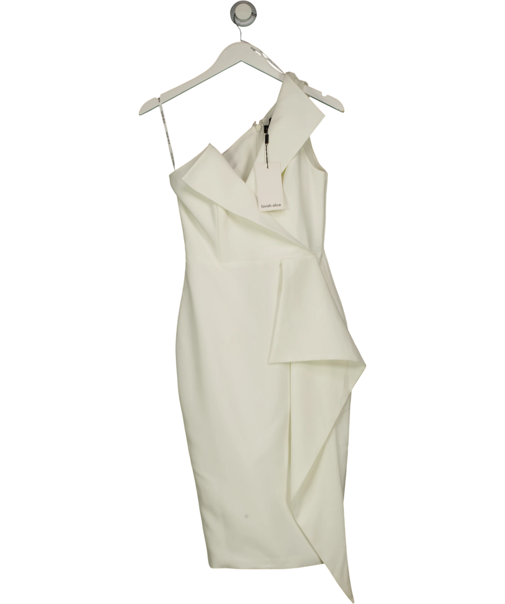 Lavish Alice White Asymmetric Ruffle Detail Midi Dress, size UK 8 — front