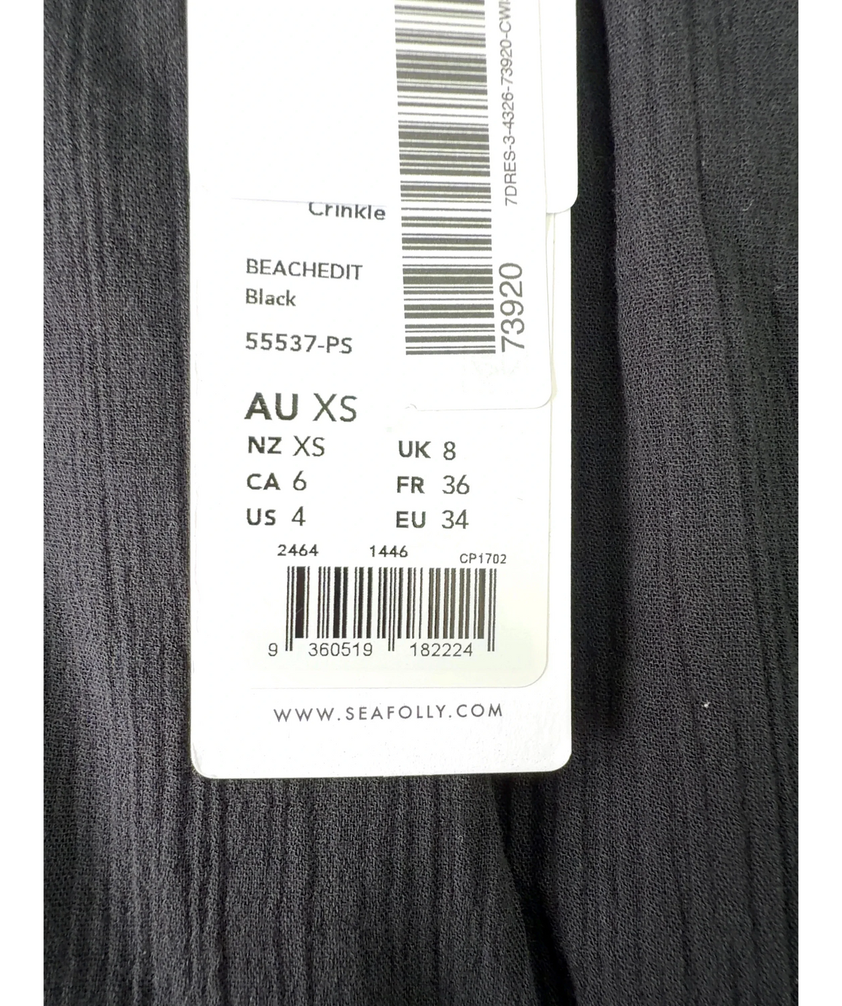 Seafolly Black crinkle playsuit, size UK XS — care label