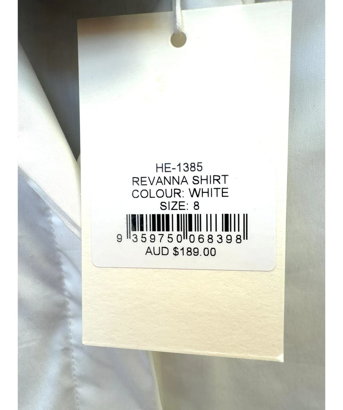 HENNE White Revanna Shirt, size UK 8 — care label