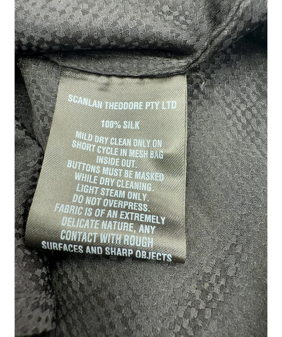 SCANLAN THEODORE Black Silk Jacquard Shoulder Pad Shirt, size UK 6 — label