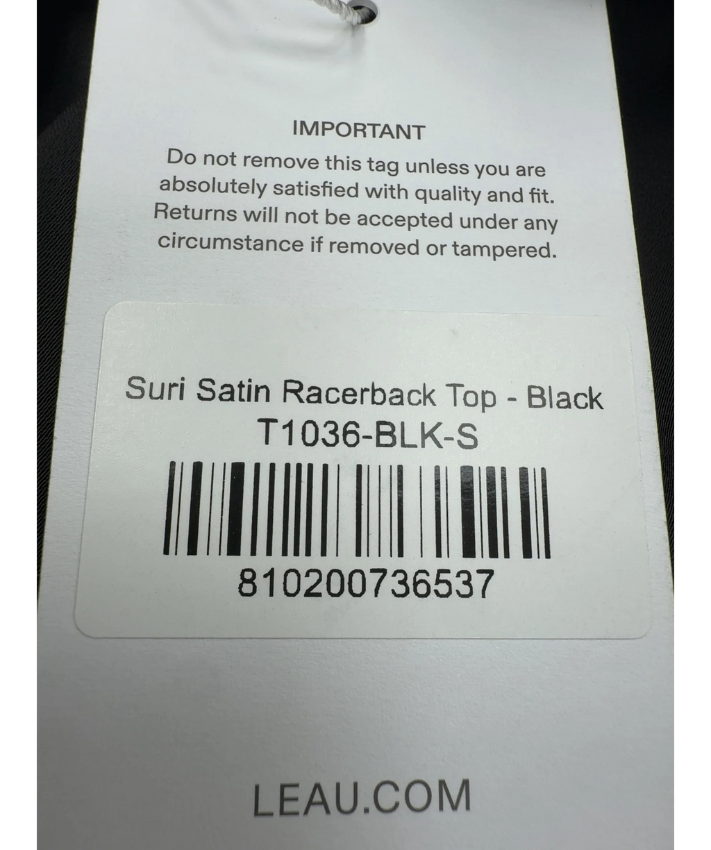 Leau Black Suri Satin Racerback Top - Black, size UK S — care label