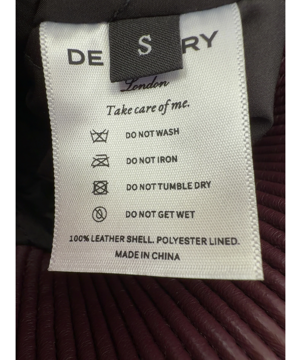 De Savary burgundy Leather Scarf Bomber Jacket, size UK S — label