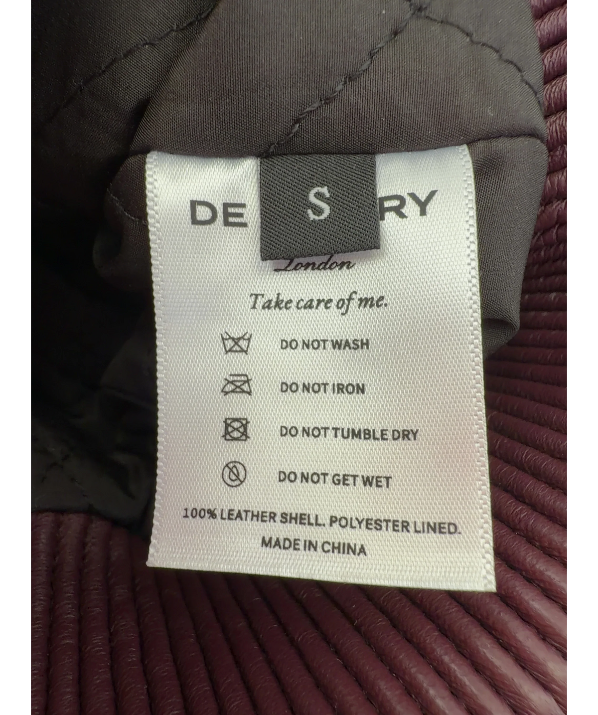 De Savary burgundy Leather Scarf Bomber Jacket, size UK S — care label