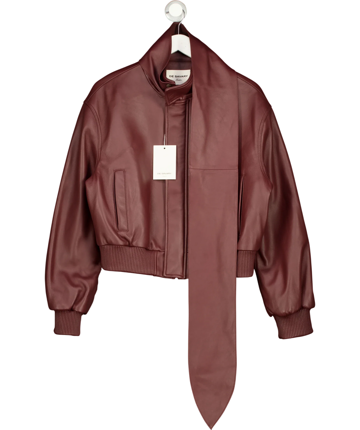 De Savary burgundy Leather Scarf Bomber Jacket, size UK S — front