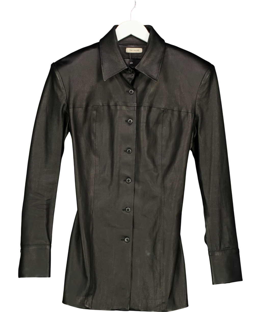THE MANNEI Black Patras Leather Shirt / Jacket, size UK 8 — front
