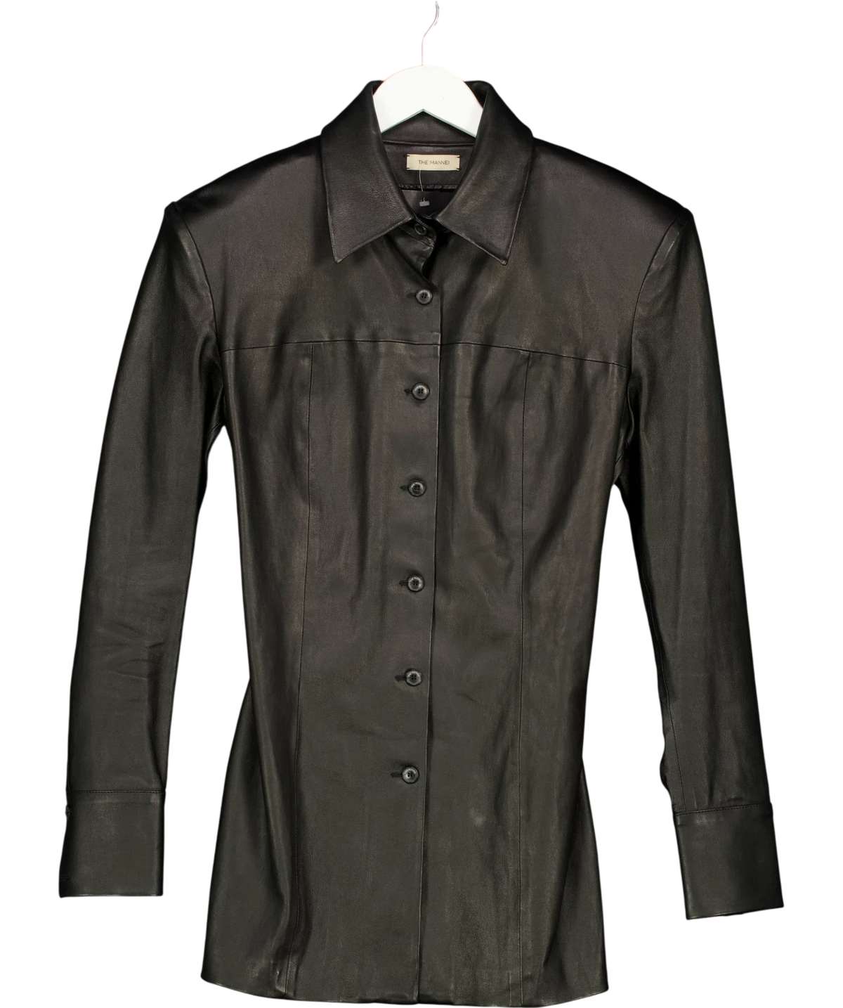 THE MANNEI Black Patras Leather Shirt / Jacket, size UK 8 — front
