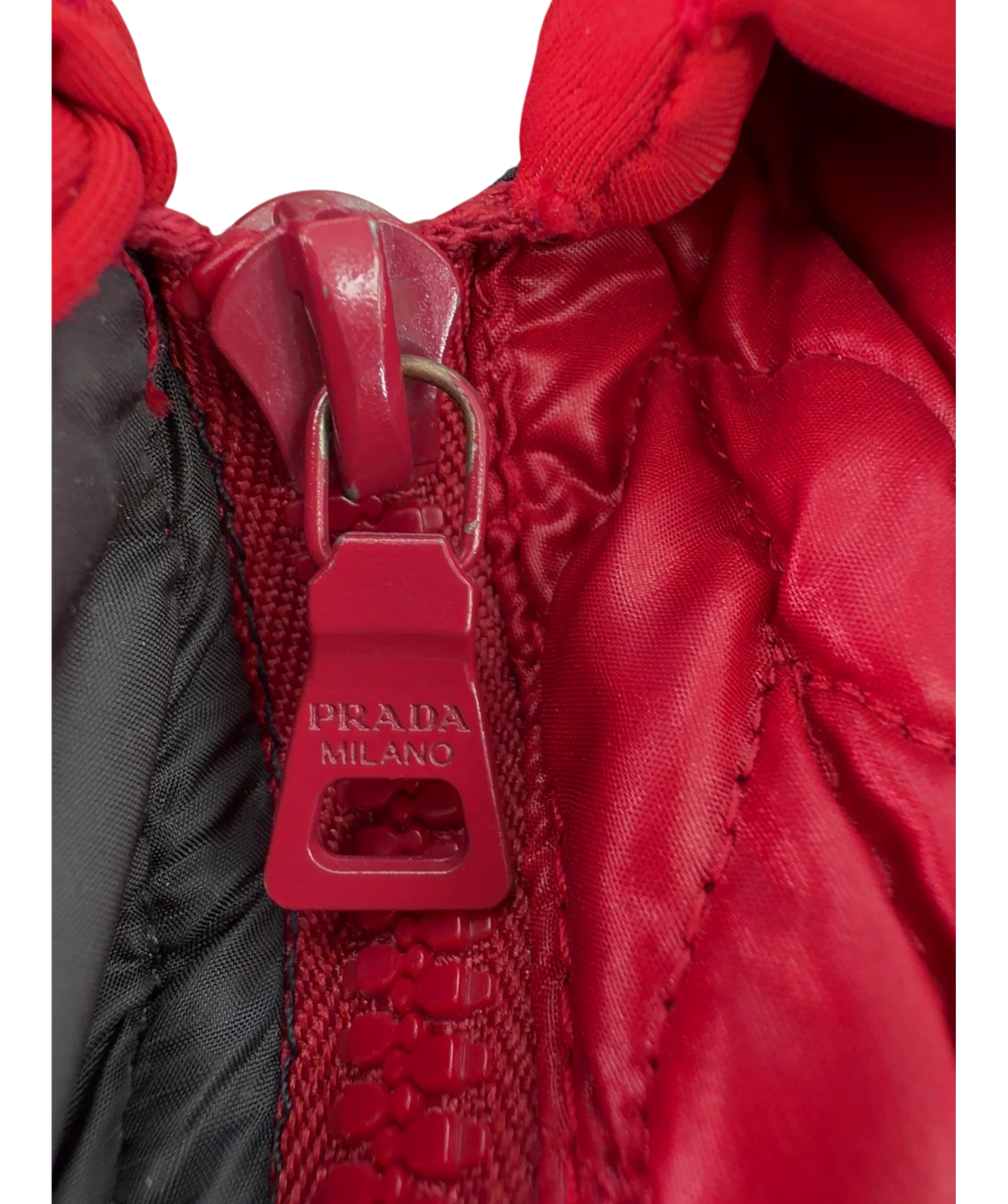 Prada Red Red Quilted Jacket, size UK 8 — fabric detail