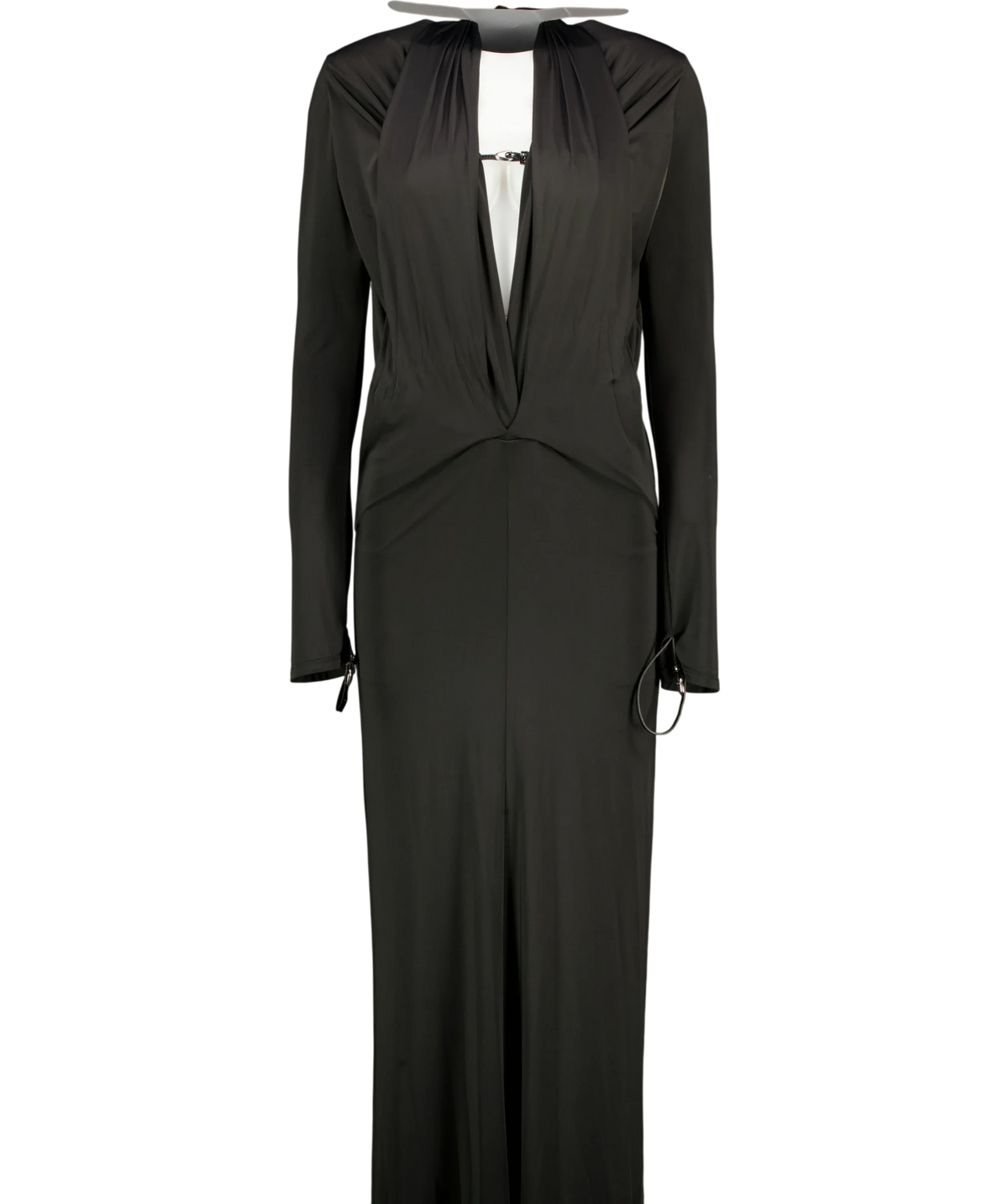 Paris Georgia Black Ruched Long Sleeve Plunge front gown  Dress UK S — Front