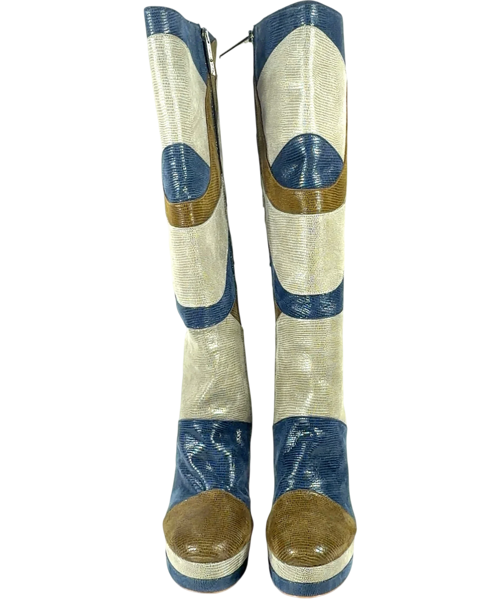 Terry De Havilland Multicoloured River 70s Patchwork Platform Knee-High Boots, size UK 6 EU 39 👠 — detail