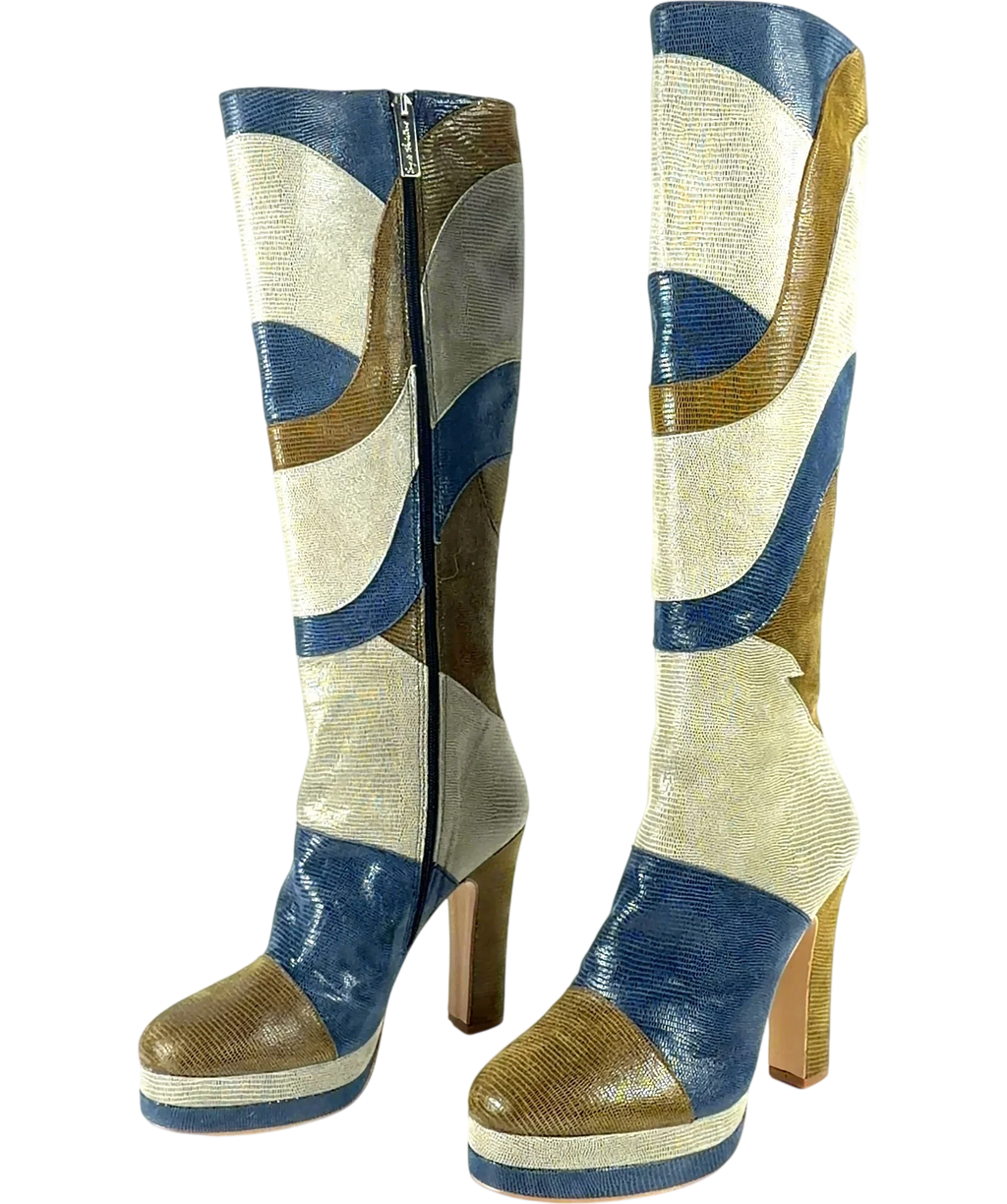 Terry De Havilland Multicoloured River 70s Patchwork Platform Knee-High Boots, size UK 6 EU 39 👠 — label
