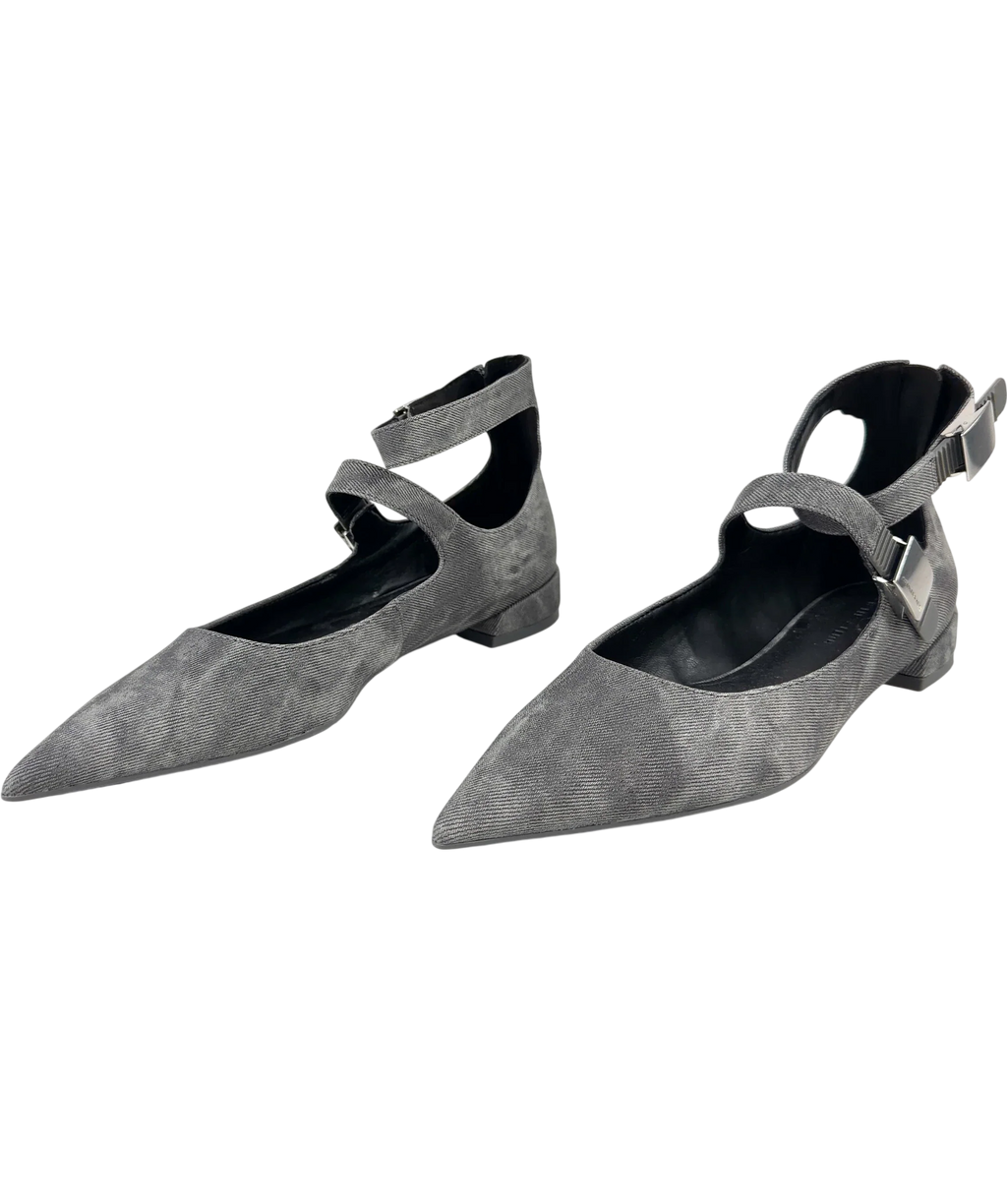 Charles & Keith Grey Robbie Denim-Effect Mary Jane Flats, size UK 4 EU 37 👠 — label