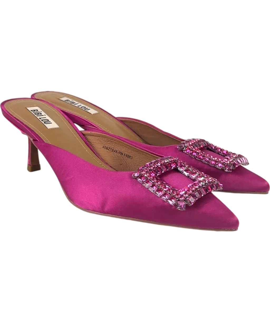 BIBI LOU Pink crystal-buckled pink satin kitten heel mules, size UK 6 EU 39 👠 — front