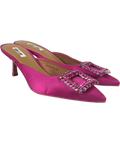 BIBI LOU Pink crystal-buckled pink satin kitten heel mules, size UK 6 EU 39 👠 — front
