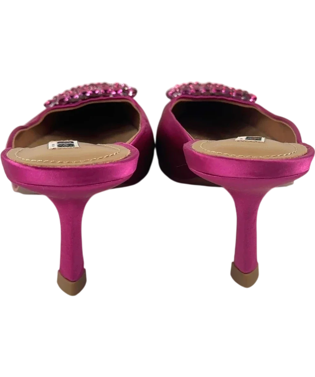 BIBI LOU Pink crystal-buckled pink satin kitten heel mules, size UK 6 EU 39 👠 — back