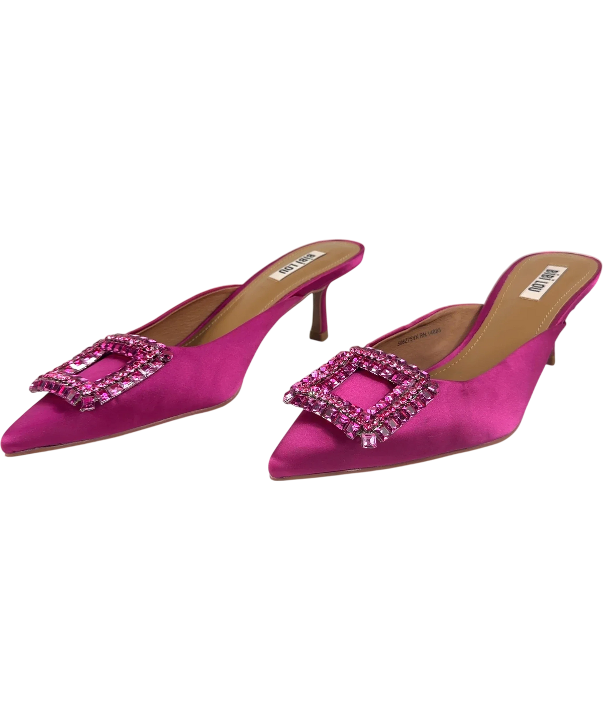 BIBI LOU Pink crystal-buckled pink satin kitten heel mules, size UK 6 EU 39 👠 — label