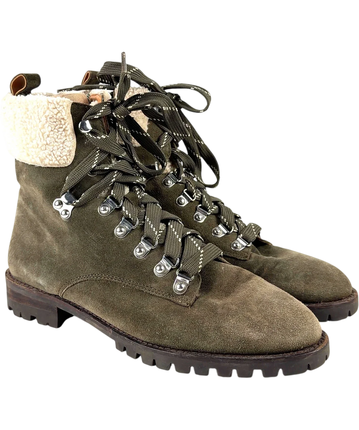 Rebecca Minkoff olive green Jaylin Faux Shearling Cuff Hiking Boot, size UK 7.5 EU 40.5 👠 — front