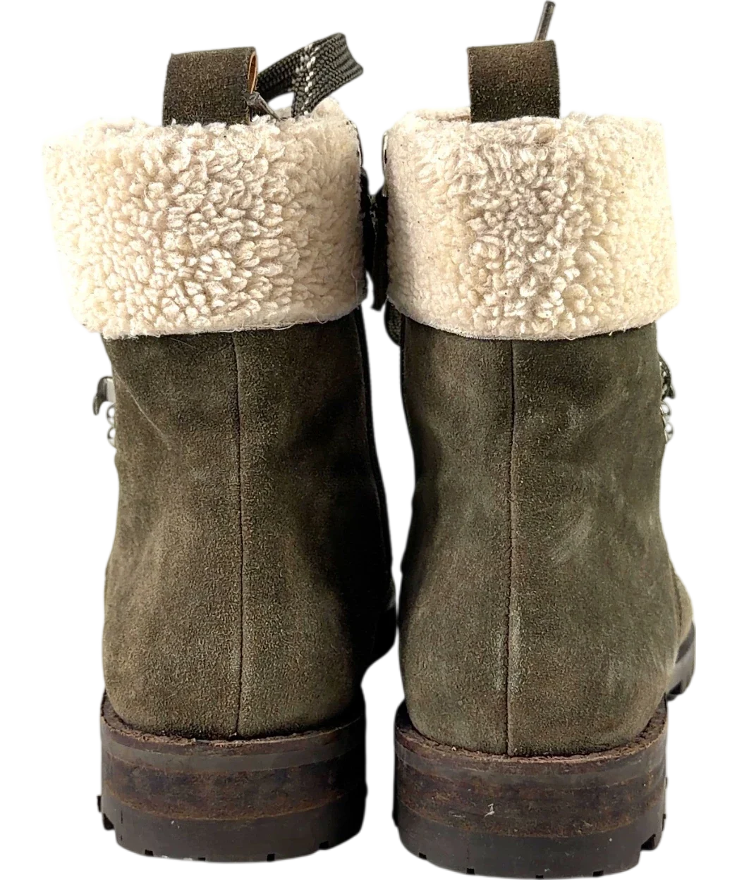 Rebecca Minkoff olive green Jaylin Faux Shearling Cuff Hiking Boot, size UK 7.5 EU 40.5 👠 — back