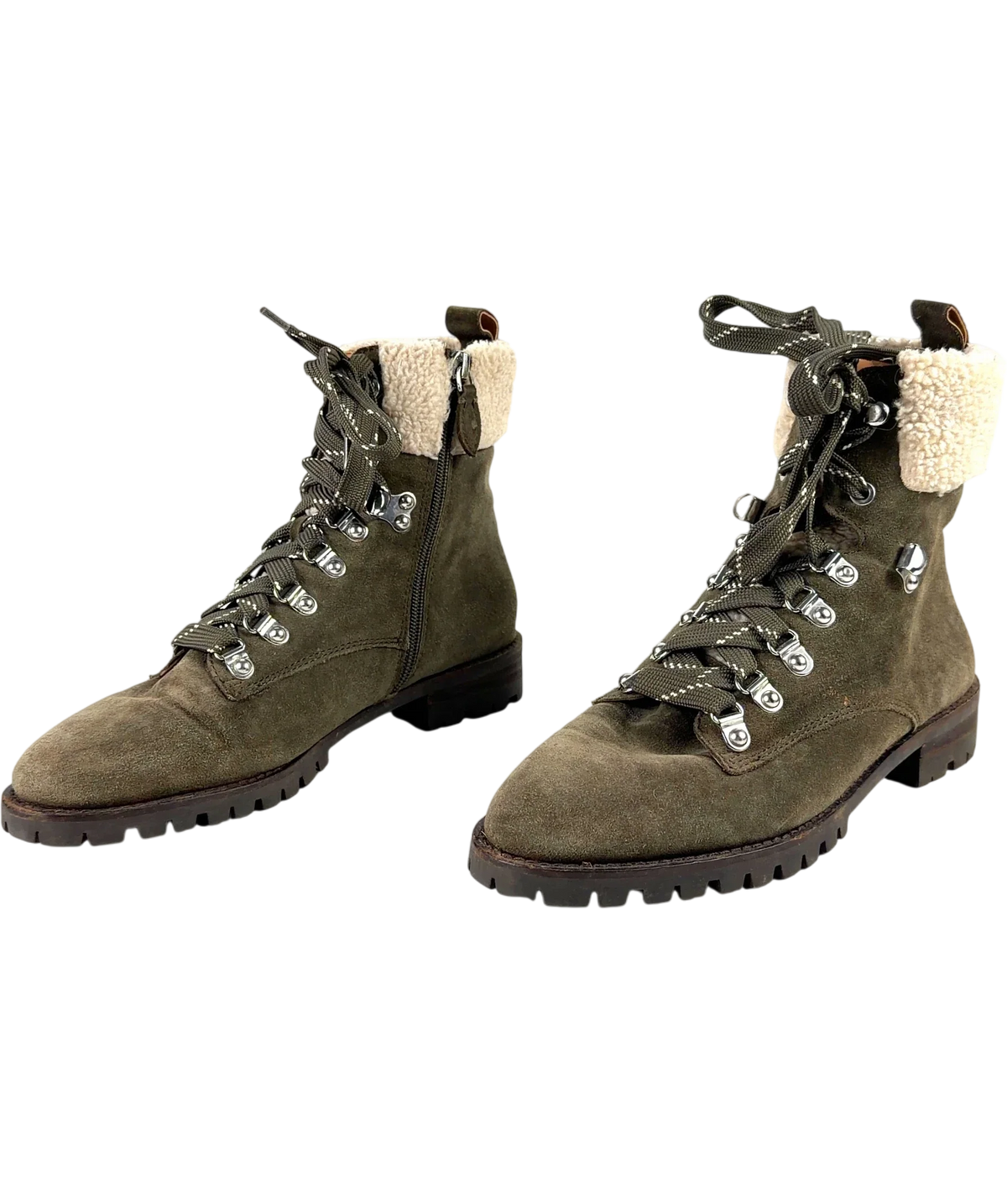 Rebecca Minkoff olive green Jaylin Faux Shearling Cuff Hiking Boot, size UK 7.5 EU 40.5 👠 — label