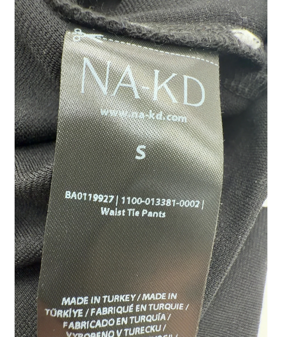 NA-KD Black Waist Tie Pants, size UK S — care label