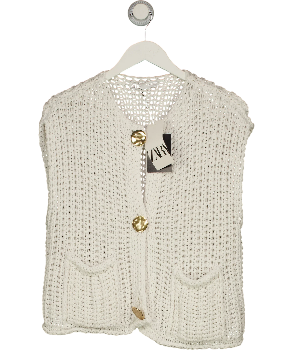 ZARA White open-knit chunky cardigan/vest, size UK M — front