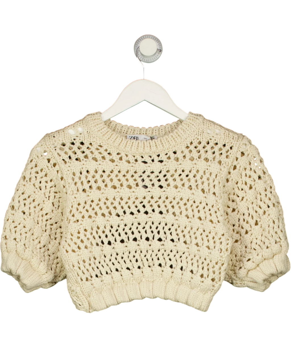 ZARA Cream open-back crochet-knit crop top, size UK S — front