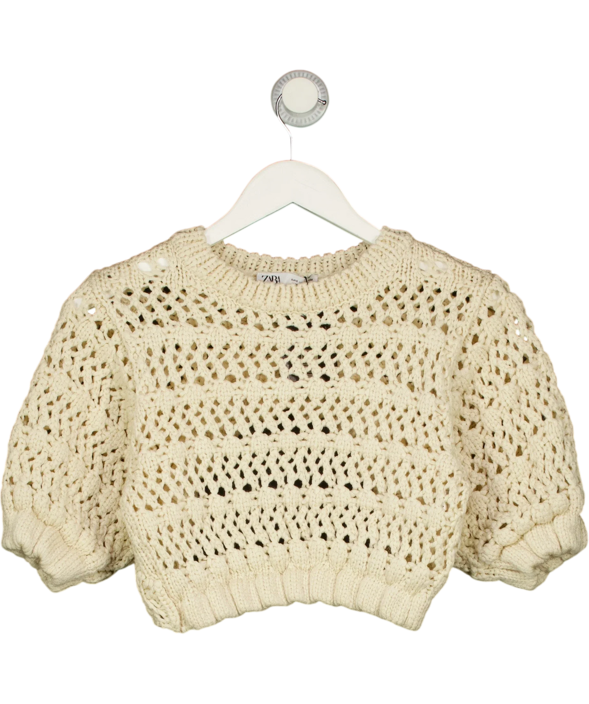ZARA Cream open-back crochet-knit crop top, size UK S — front