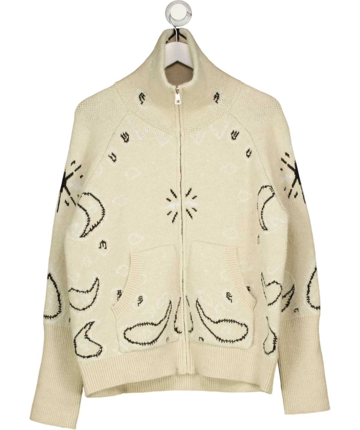 LUZABELLE Beige paisley and star knit zip-up cardigan, size UK L/XL — front